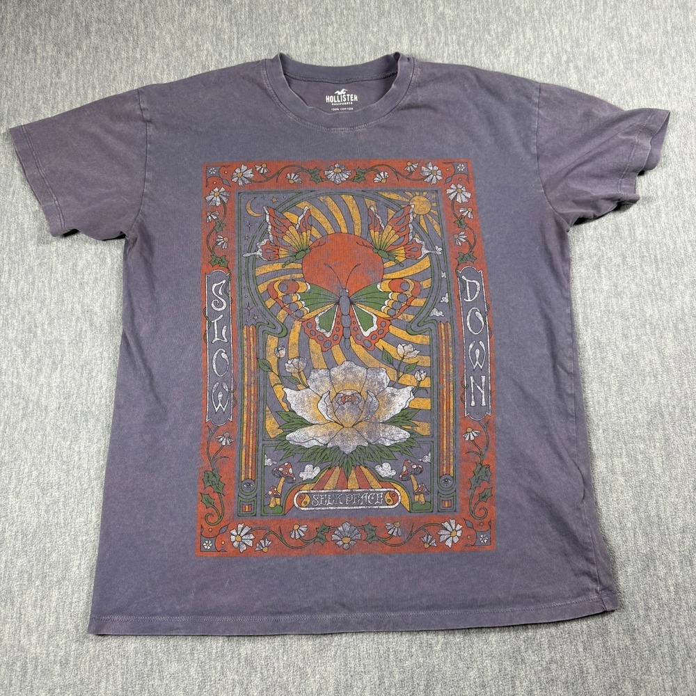 Hollister T-Shirt Women XS Blue Purple Graphic Slow Down Butterfly Art Cotton